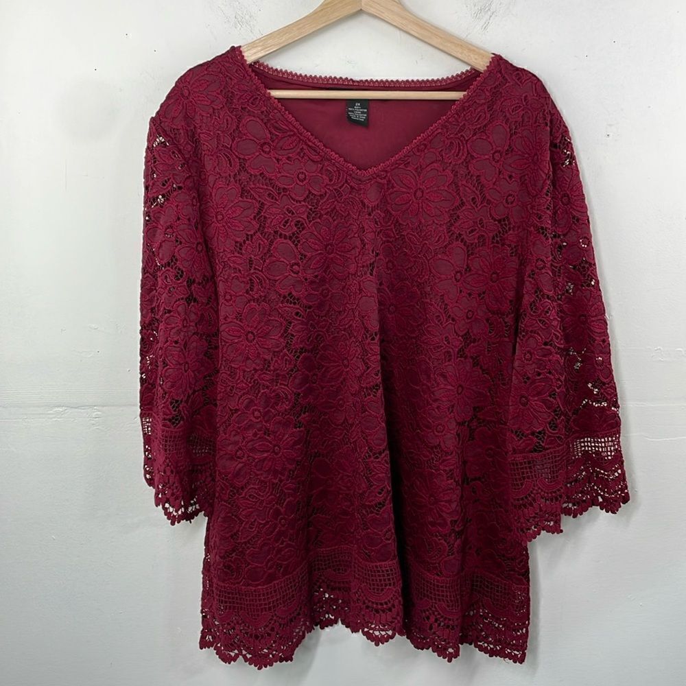 Lauren Michelle Woman Laces Burgundy popover 3/4 sleeve top blouse 2X